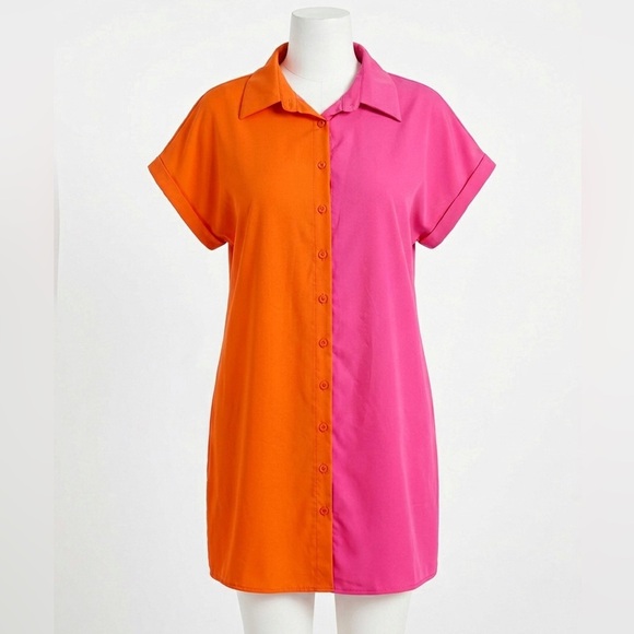 SHEIN Dresses & Skirts - Orange and Pink Colorblock Essnce Plus Two Tone Batwing Sleeve Shirt Dress